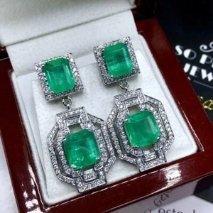 Colombian 39.48ct Green Emeralds With Round Zircon Dangle Drop Vintage Earrings - Photo 1 sur 6