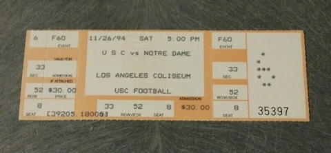 1994 NOTRE DAME NCAA FOOTBALL VS USC TROJANS TICKET NICE CONDITION VERY RARE Cover