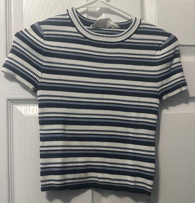 🍃H&M Niñas Manga Corta Acanalado Top Azul Blanco Recortado/Apretado Talla 16/18 NUEVO Foto 1 de 2