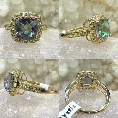 Mystic Topaz Cushion Cut Peridot Halo Ring 10k Yellow Gold Size 5 - Image 1 of 4