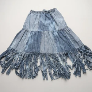A Rare Bird Midi Skirt Small / Medium Denim Patchwork Fringe Boho Festival - Picture 1 of 7