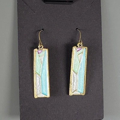 Art Deco Style Dangle Earrings Gold Tone Pastel Enamel Pierced Hook w/ Gift Bag - Image 1 of 4