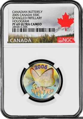 2005 Canada Silver 50 Cent Spangled Frittallary Butterfly Hologram Proof NGC 69 - Image 1 of 3
