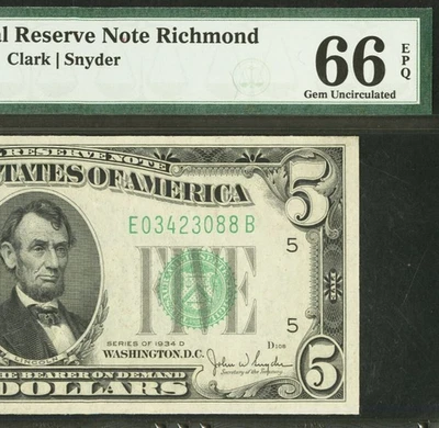 1934D $5 Federal Reserve Note PMG 66EPQ - 2nd Highest Graded Richmond Fr 1960-E - Image 1 of 4