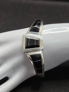 Modernist schwarzer Onyx aufklappbares Armreif Armband 925 Sterlingsilber 8" Mexiko - Bild 1 von 10