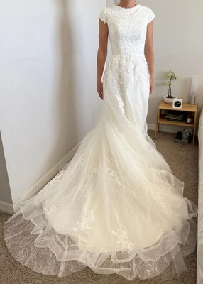 SIN USAR Vestido de Boda Apliques de Encaje Vestido de Sirena Detalles de Tul Marfil Novia NUEVO Foto 1 de 4