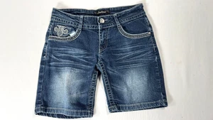 Southpole Juniors Denim Bermuda Shorts Size 3 Mid Rise Blue Stitching - Picture 1 of 5