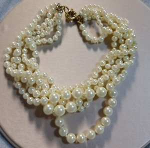 J. Crew Necklace Five Strand Graduated Faux Pearl Gold Tone 24 Inch Knotted