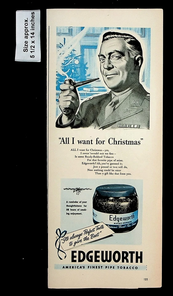 1944 Edgeworth America's Finest Pipe Tobacco Christmas Vintage Print Ad 35157 Foto 1 de 1