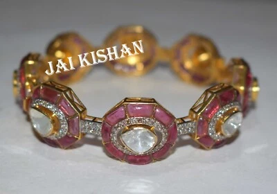 Amazing Polki Pave Diamond Red Stone 925 Sterling Silver Bangle Women Jewelry - Image 1 of 4