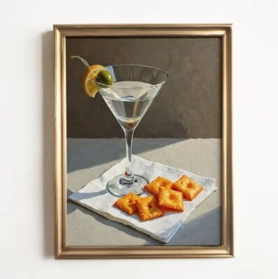 Impresión artística Martini and Cheez-Its | Pintura al óleo original de bodegones | Decoración de pared Foto 1 de 4
