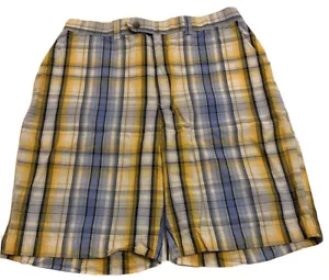 Cutter Buck Shorts Size 34 Yellow Blue Plaid Flat Front 100% Cotton Casual Golf - Picture 1 of 4