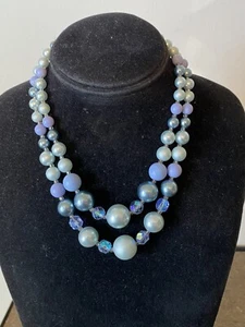 Vintage Signed Japan 2-Strand Silver Tone Blue Beaded Choker Length Necklace - Picture 1 of 4