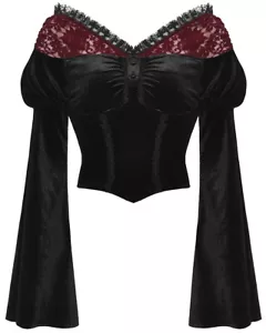 Dark In Love Damen Gothic Vampire schulterfreie Bluse Oberteil schwarz samtig rot Spitze - Bild 1 von 13