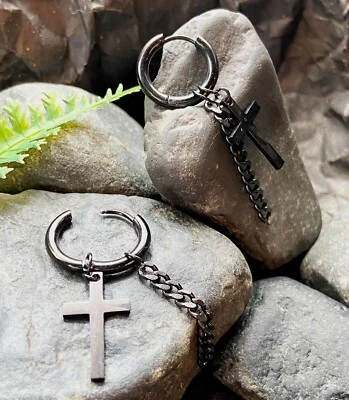 PAIR 316L Steel Hinge Action 20g Seamless Hoop Earrings w/ Cross & Chain Dangle - Image 1 of 4
