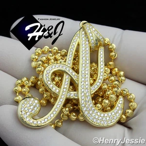 24"MEN 925 STERLING SILVER 3MM GOLD PLATED CHAIN CUBIC ZIRCONIA LETTER A PENDANT - Picture 1 of 8