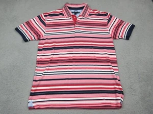 Tommy Hilfiger Polo Shirt Mens Large Pink Red Stripes Preppy Casual Flag Logo - Picture 1 of 11