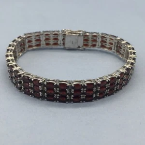 Natural Red Garnet Gemstone Three Line 925 Sterling Silver Tennis Bracelet - Picture 1 of 5