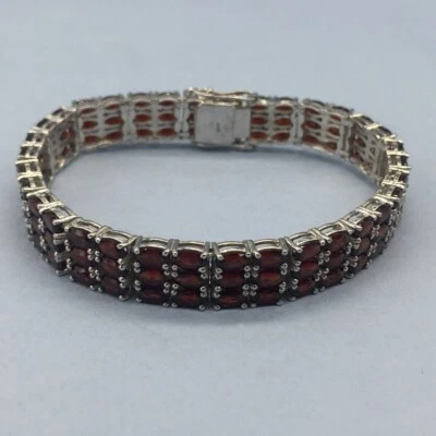 Natural Red Garnet Gemstone Three Line 925 Sterling Silver Tennis Bracelet - Image 1 of 4