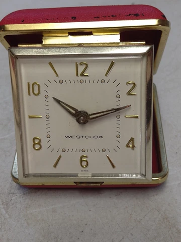 West Clocx Travel Clock Vintage Japan Red Case Brass Trim Running Condition Cover