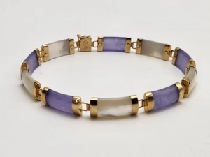 14K Solid Yellow Gold MOP & Lavender Natural Jade Link Bracelet 7.5" Inches - Picture 1 of 18