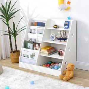 Weißes 4-stufiges Kinder Holz Bücherregal 5 Schichten Tragetuch Bücherregal, Baby Aufbewahrung Bücherregal - Bild 1 von 9