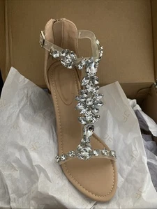 Just Fab Cora Beige Wedge Sandal Silver Rhinestones Clear Women Size 7 Justfab - Picture 1 of 3