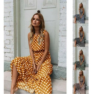Dress Ladies Beach Womens Summer Polka Dot Maxi Holiday Long Dresses Sundress - Picture 1 of 11