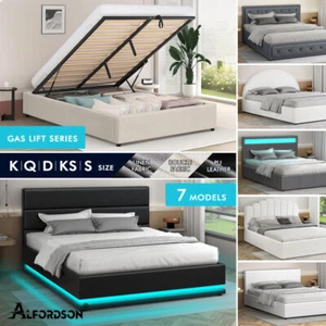 ALFORDSON Bed Frame Double Queen King RGB LED Gas Lift Storage Base Leather - Picture 1 of 1,903