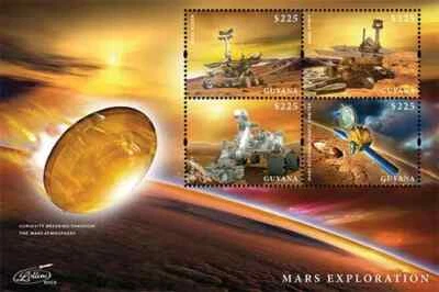 Hoja de estampillas de recuerdo de exploración de Marte espacial de Guyana, 2013 de 4 estampillas MNH en buen estado $900 Foto 1 de 2