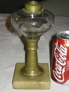 ANTIQUE WHALE OIL LAMP LIGHT MARBLE BASE PRIMITIVE BLOWN GLASS BRASS HARDWARE - Picture 1 of 5