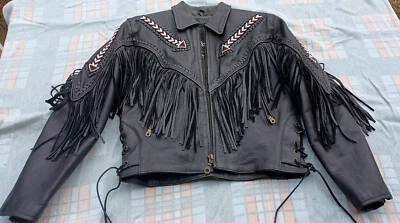 Chaqueta de cuero para motocicleta para mujer cromada engranaje flecos cuentas talla 8 Thinsulate Linr Foto 1 de 4