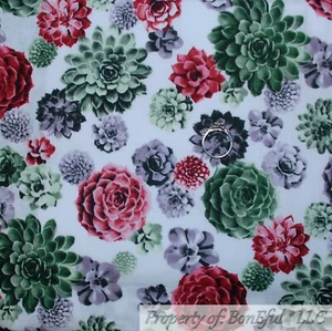 BonEful Fabric FQ Cotton Quilt White Pink Green Succulent Flower Desert Plant US - Picture 1 of 13