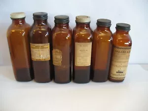 S/6 Vtg screwtop brown glass bottles medicine apothecary some w labels Farmhouse - Picture 1 of 13