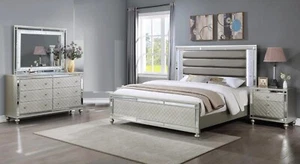 Modern Glam Style 5pc Bedroom Set Champagne Finish White Blue LED HB King Bed - Picture 1 of 9