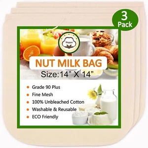 3 Pack Nut Milk Bag 14"x14" Cheesecloth bags for Straining Reusable 100% Unbl... - Picture 1 of 7