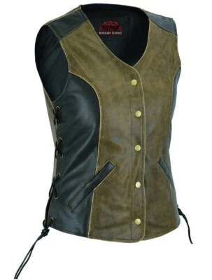 Women Leather Vest for Biker Ladies Side Laces and concealed Pockets Black/Brown - Image 1 of 3