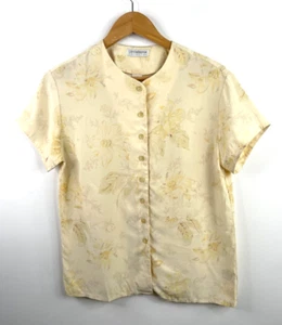 VTG Liz Claiborne Soft Yellow Floral Silk Short Sleeve Button Up Blouse Size 4 - Picture 1 of 3