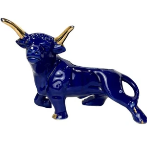 Vintage Ceramic Mid-Century Cobalt Blue Gold Long Horn Bull Planter 15” - Picture 1 of 11