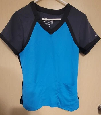 Greys Anatomy Active Small Colorblock  Black Teal Women's Scrub Top V- Neck - Image 1 of 4