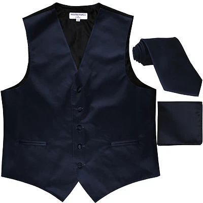 New Men's navy blue formal vest Tuxedo Waistcoat_necktie & hankie set wedding  - Image 1 of 4