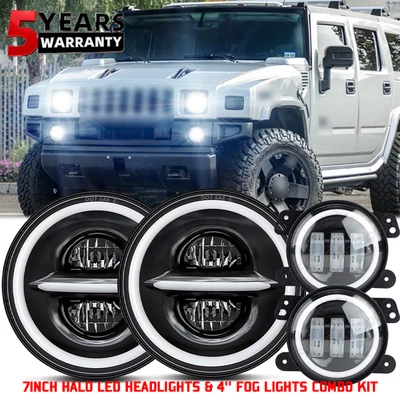 7" INCH For Hummer H2 H3T 06-10 Halo LED Headlight DRL & 4" Fog Lights Combo Kit - Image 1 of 4