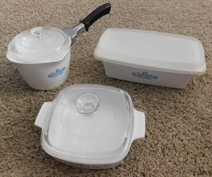 25-787 3 Piece Cornflower Blue Corningware Sauce Maker Loaf Pan Casserole & Lids - Picture 1 of 7