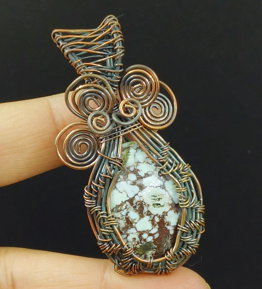 Copper Wire Wrapped Handmade Jewellery Porcelain Jasper Gemstone Pendant - Image 1 of 4
