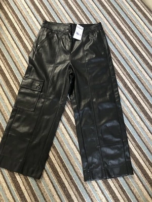 Next Petite Size 12p Black Leather Look Trousers Wide Leg With Pocket NWT - Image 1 of 4