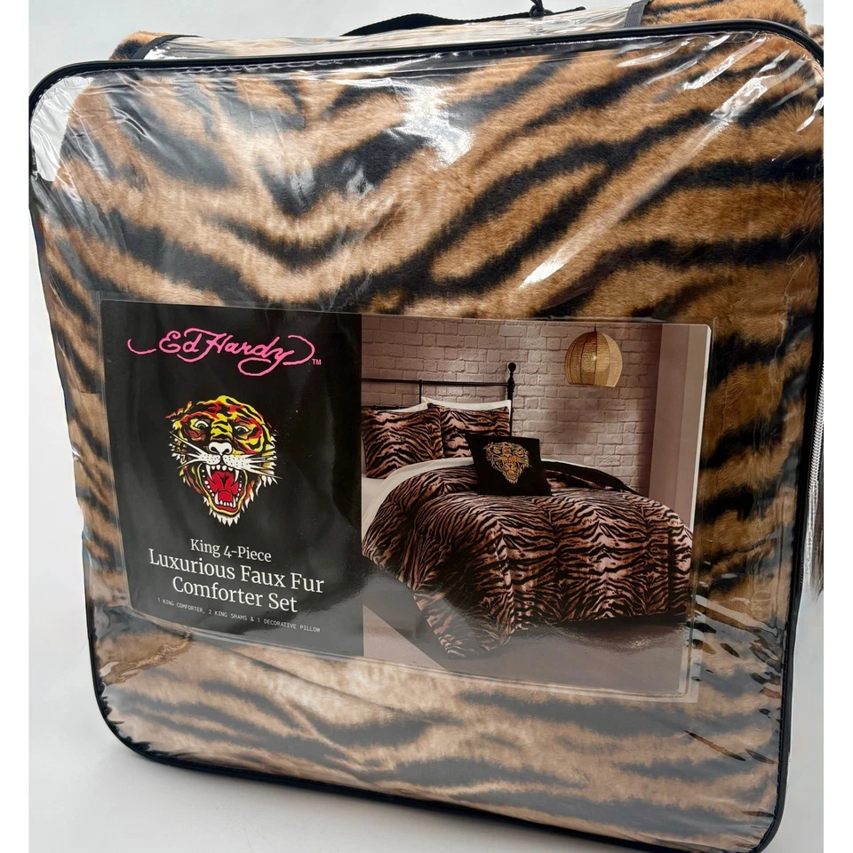 Ed Hardy King 4 Piece Luxurious Faux Fur Comforter Set Tiger Stripe Animal Print - Image 1 of 4