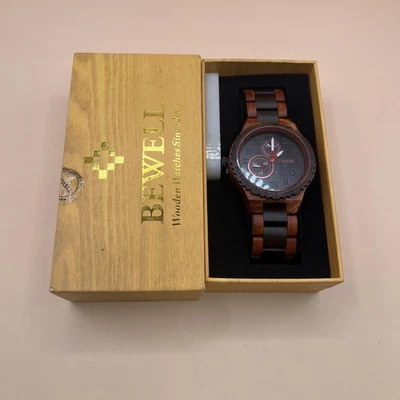 Reloj de madera BEWELL esfera negra detalles rojos hecho a mano resistente al agua caja regalo Foto 1 de 4
