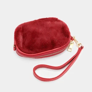 Stylish Women's Burgundy Faux Fur Clutch Bag - Picture 1 of 2