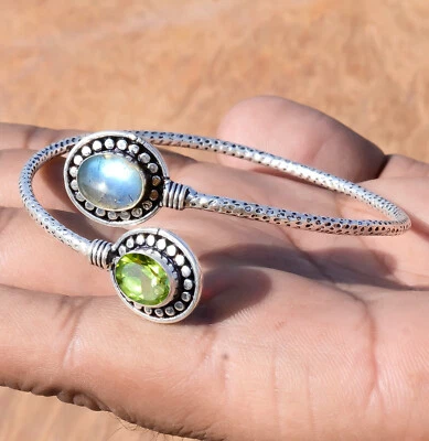 Labradorite & Peridot Cut Gemstone 925 Sterling Silver Bangle Cuff Genuine Gift - Image 1 of 4
