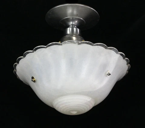 1940s Iridescent Fluted Edge Glass Dish Semi Flush Mount Light Cover